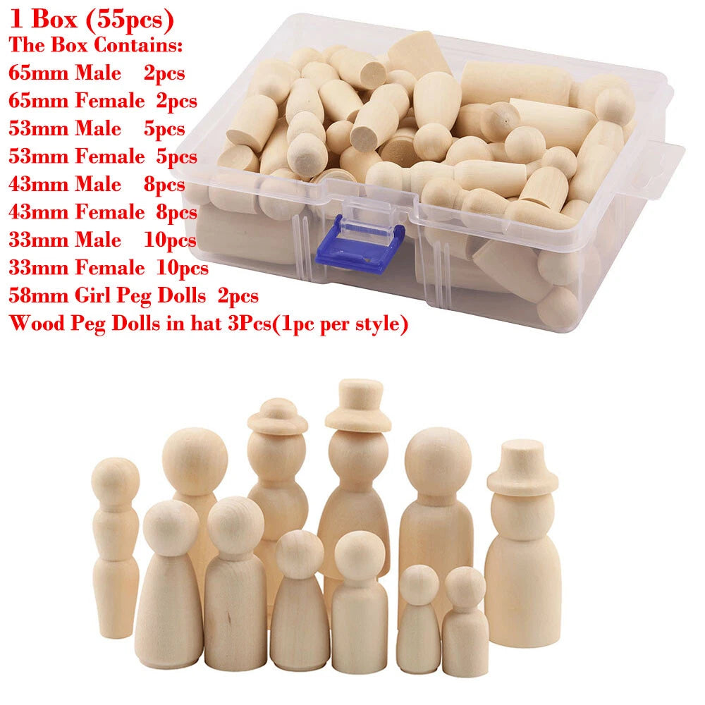 55 Pcs Unpainted Wooden Peg Dolls Creative Figures with Box (35-65mm)