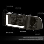LED DRL Bar Headlight Lamps for Dodge Ram (1994–2002) Smoked/Clear