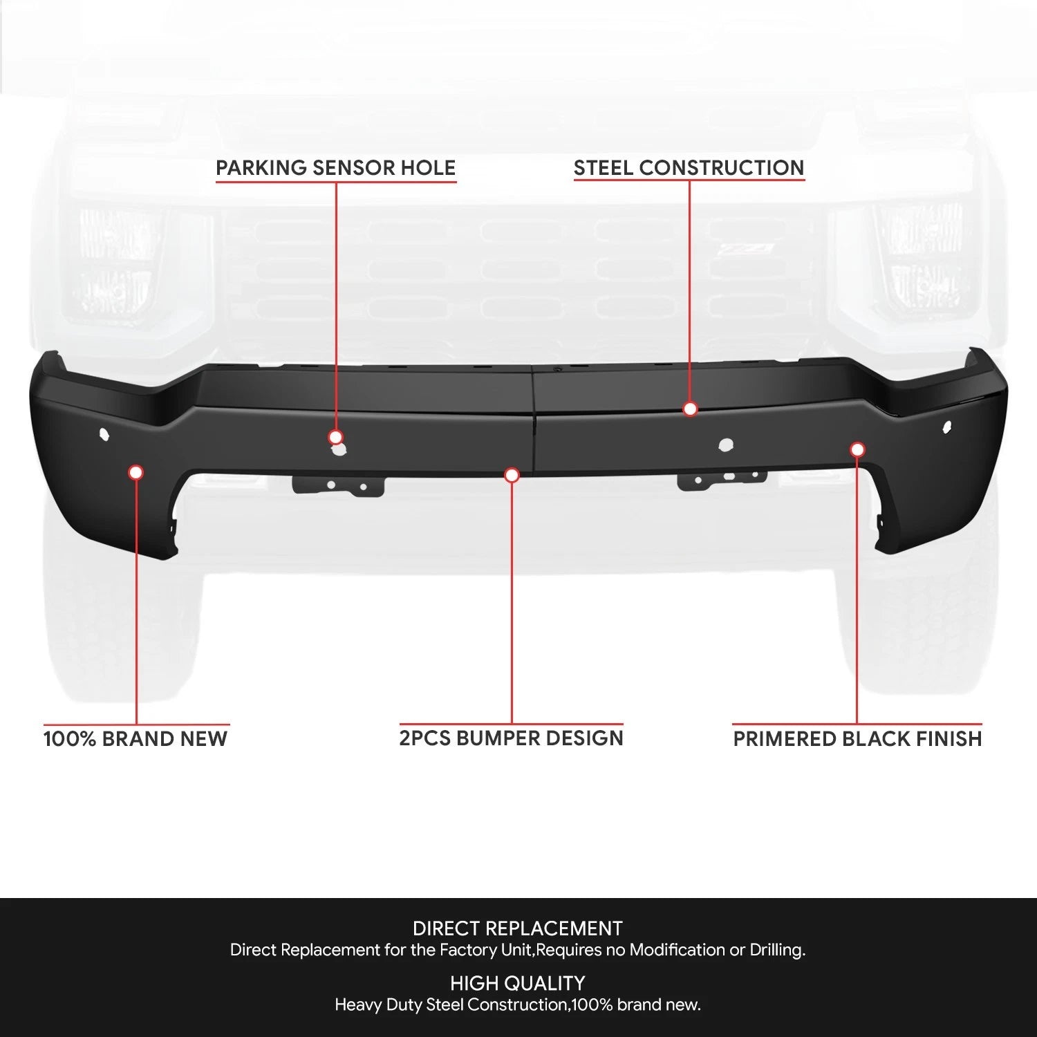 Front Bumper Face Bar for Silverado 2500 3500 HD (2020–2023) w/ Sensor Holes