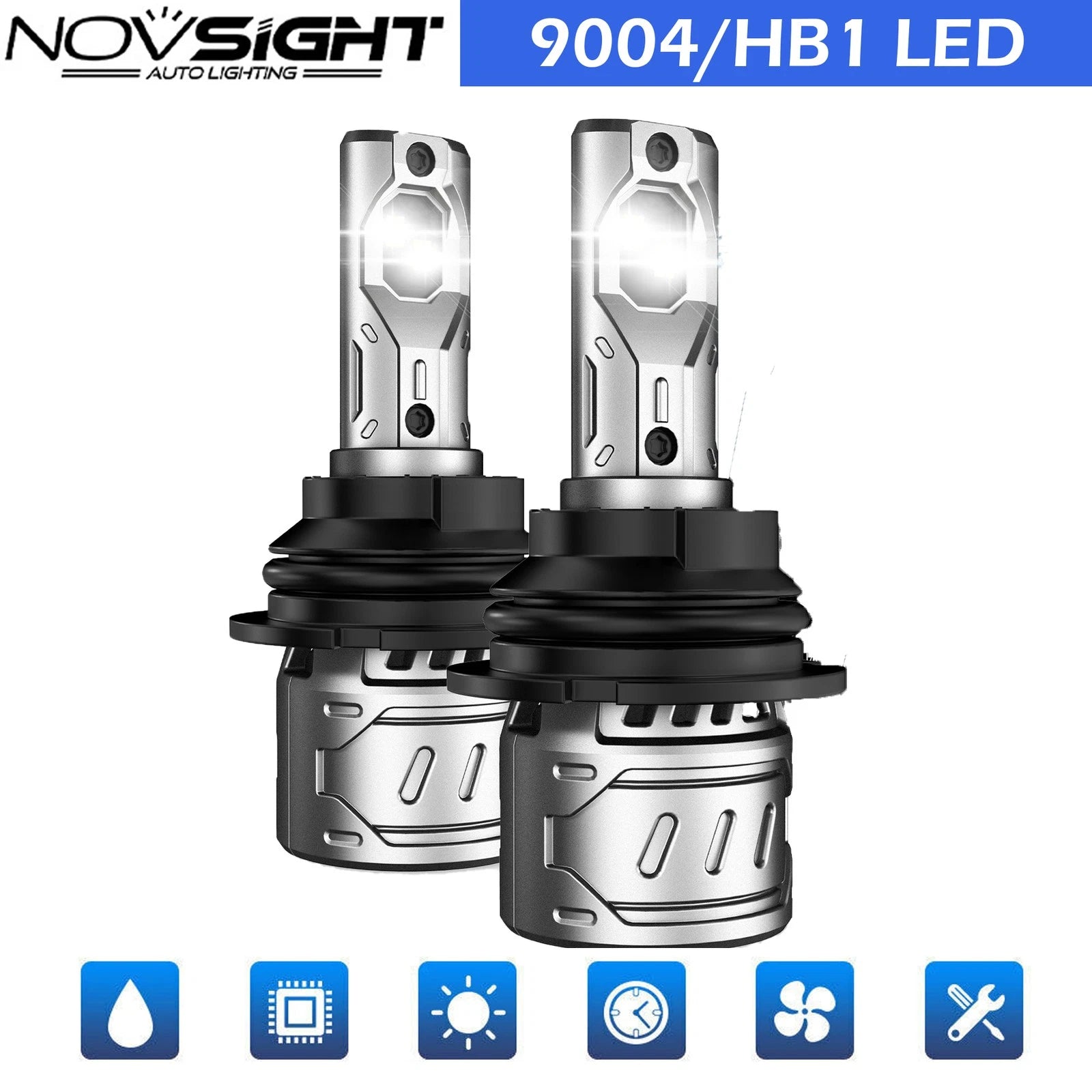 2X 9004 HB1 LED Headlight Bulbs for NOVSIGHT (Hi/Lo Beam, 6500K)