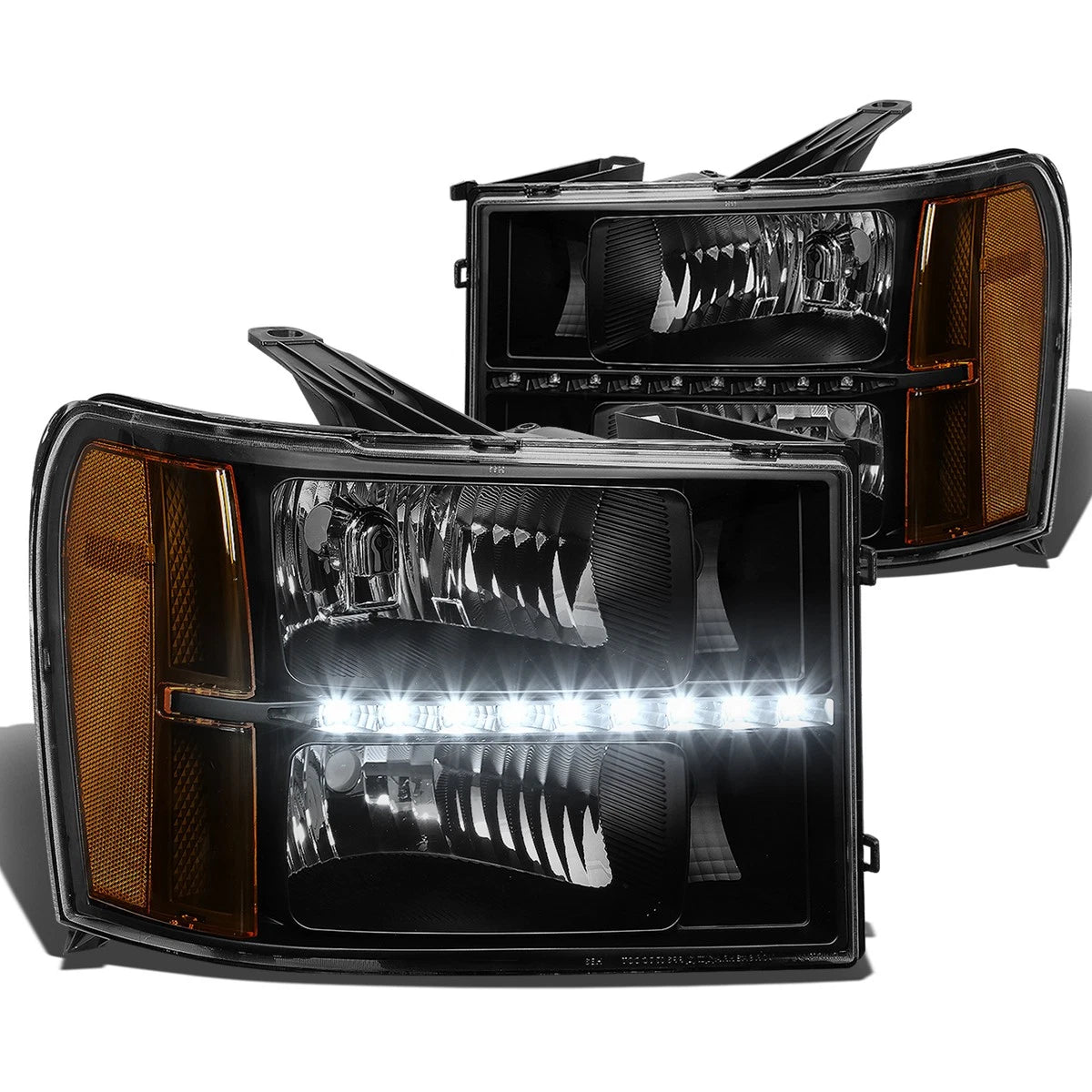Set of 2 Black Clear Headlight with LED & Amber Corner for Sierra (2007–2014)