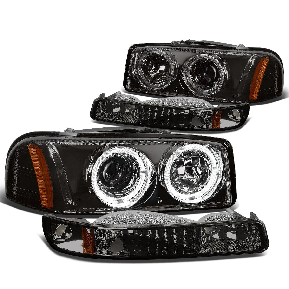 Smoked Dual Halo Projector Headlights + Bumper + Fog Light Set for Sierra Yukon (1999–2006)