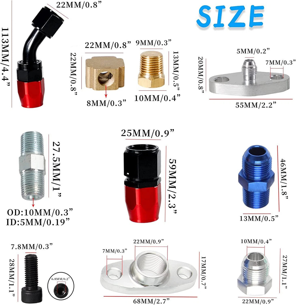 Oil Feed Line + 10AN Oil Drain Return Fitting Kit for Turbo T3 T4 T6 GT45 T04E T66