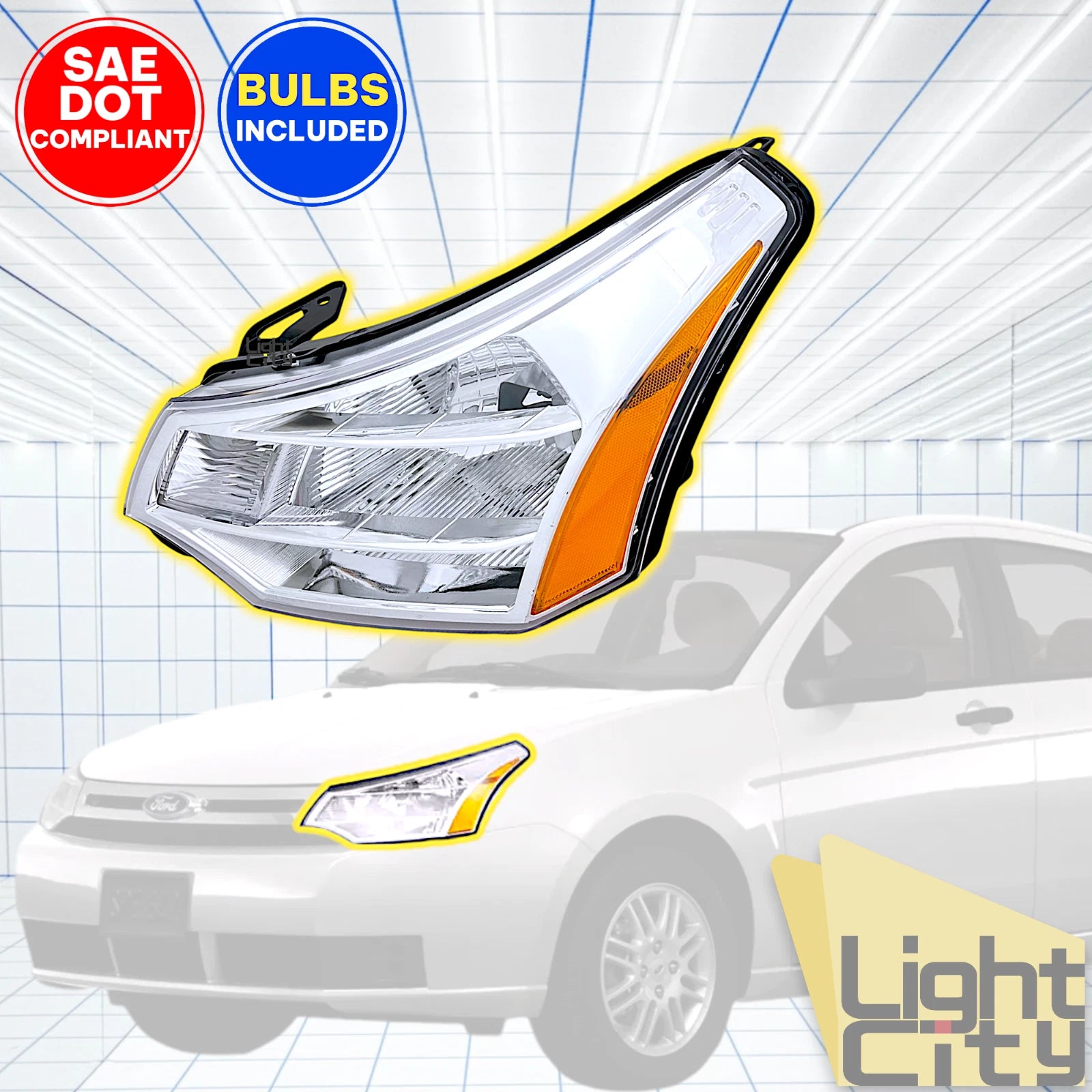 Driver Halogen Headlight with Bulb for Ford Focus (2008–2011) Chrome Trim