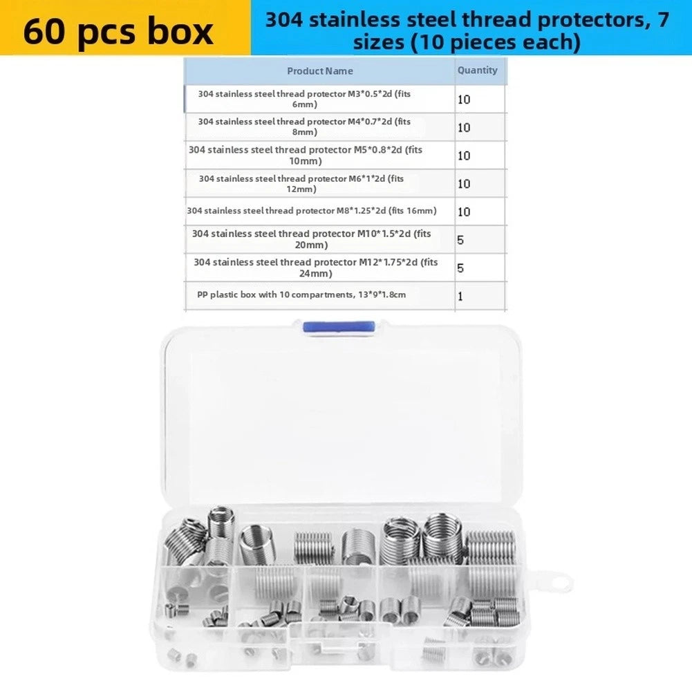 60pcs 304 Stainless Steel Coil Threaded Inserts for Metric Screws