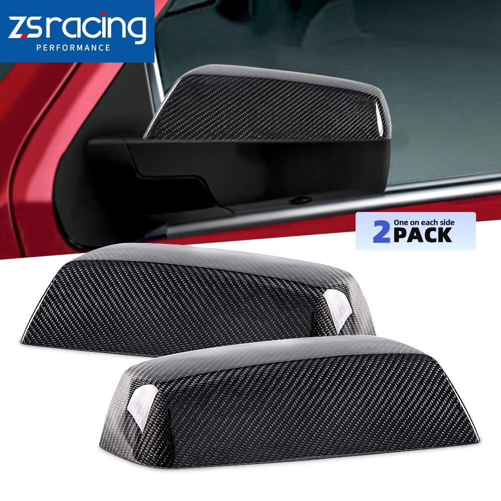 2X Glossy Carbon Fiber Mirror Cover Caps for Silverado Sierra (2014–2019)