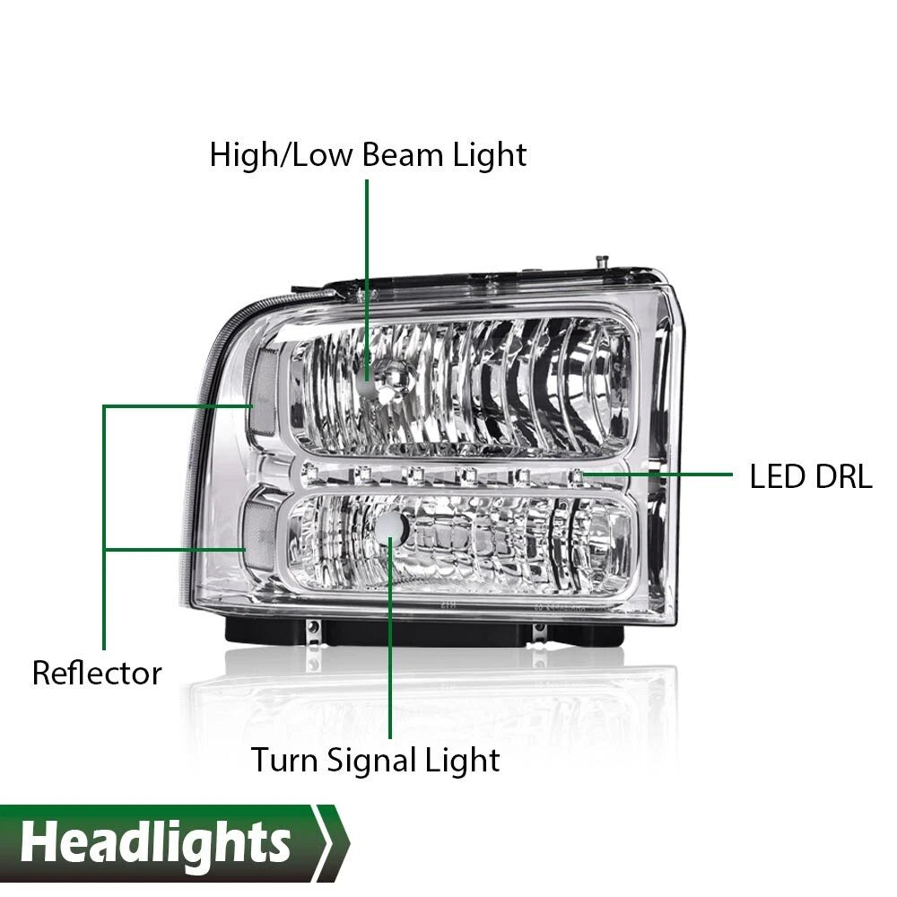 Clear Chrome LED DRL Headlights for F250 F350 F450 F550 Super Duty