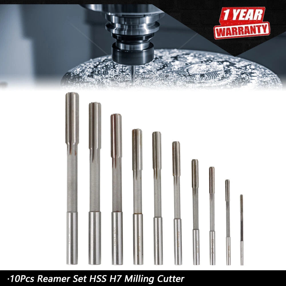 Set of 10 H7 HSS Reamers for Milling Machines (3-12mm)