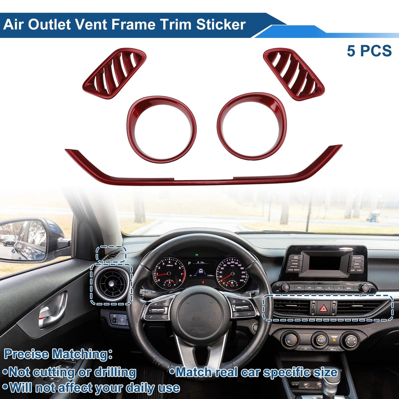 Set of 5 Air Condition Outlet Vent Trim Cover Frame for Kia Forte K3 (2019–2024) Red