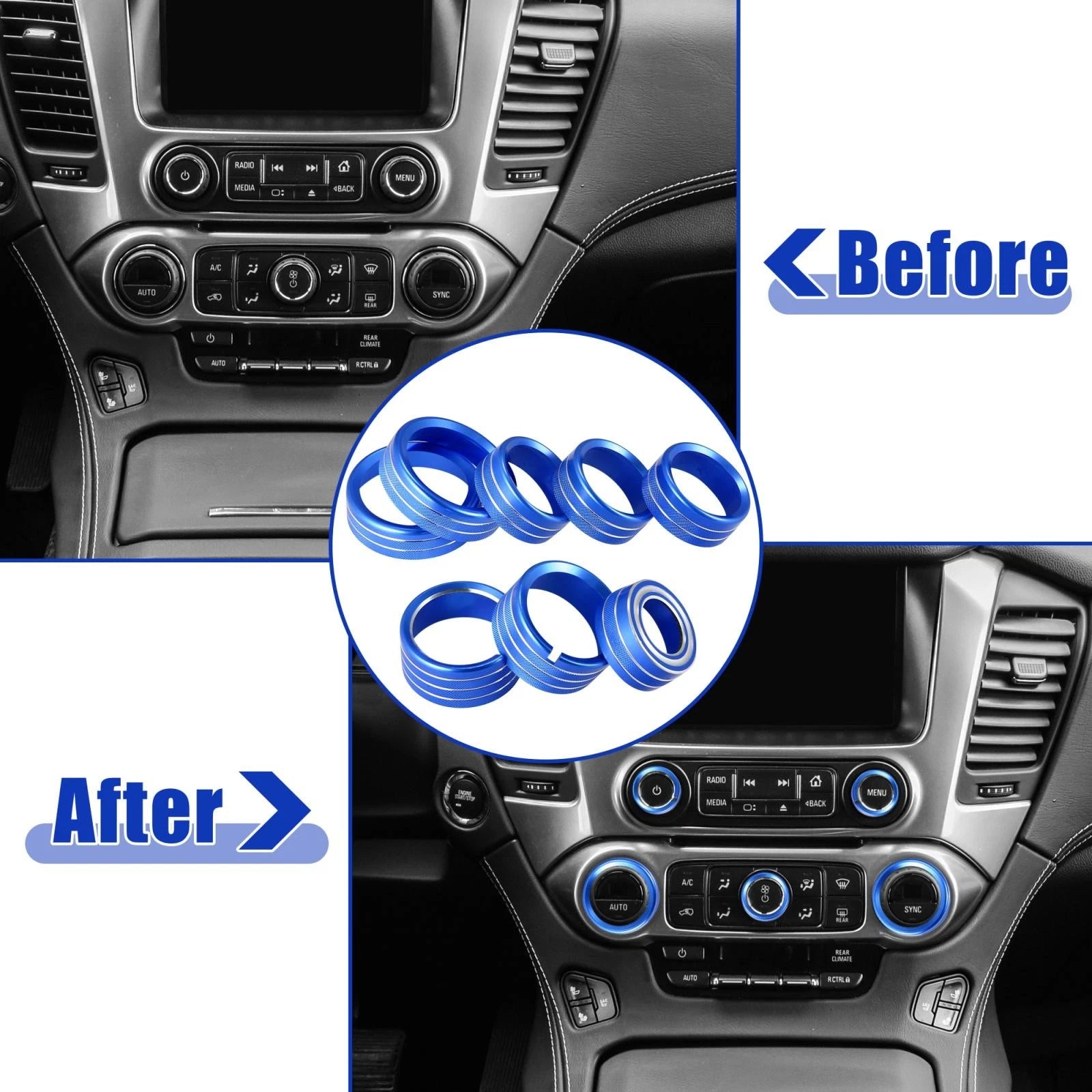 8 Pcs Blue AC Radio Switch Knob Cover for Chevy Silverado, GMC Sierra (2014–2018)