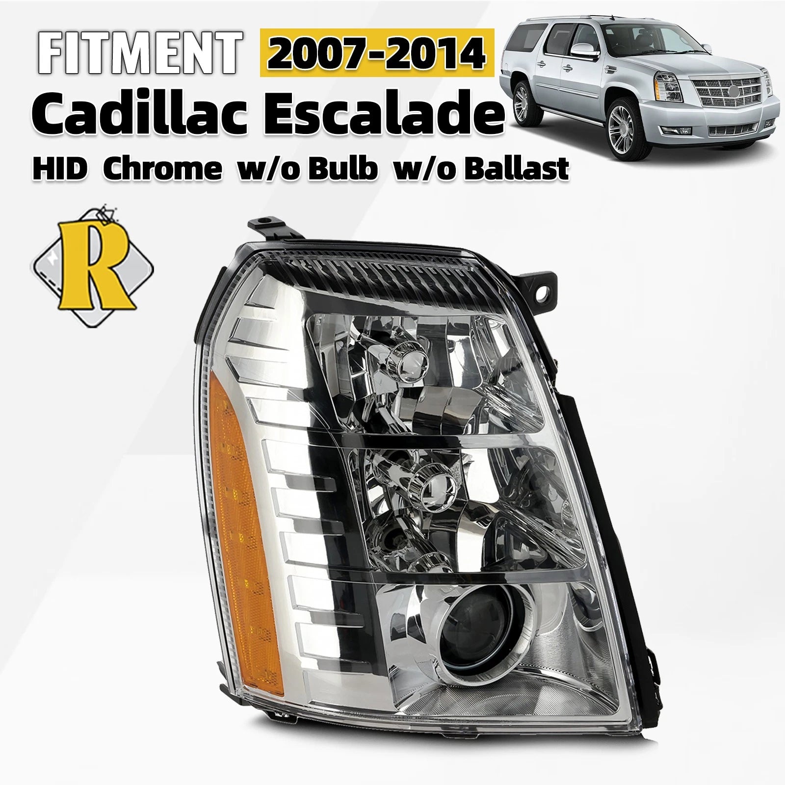 HID Headlight for Cadillac Escalade (2007–2014) Chrome, Passenger Side