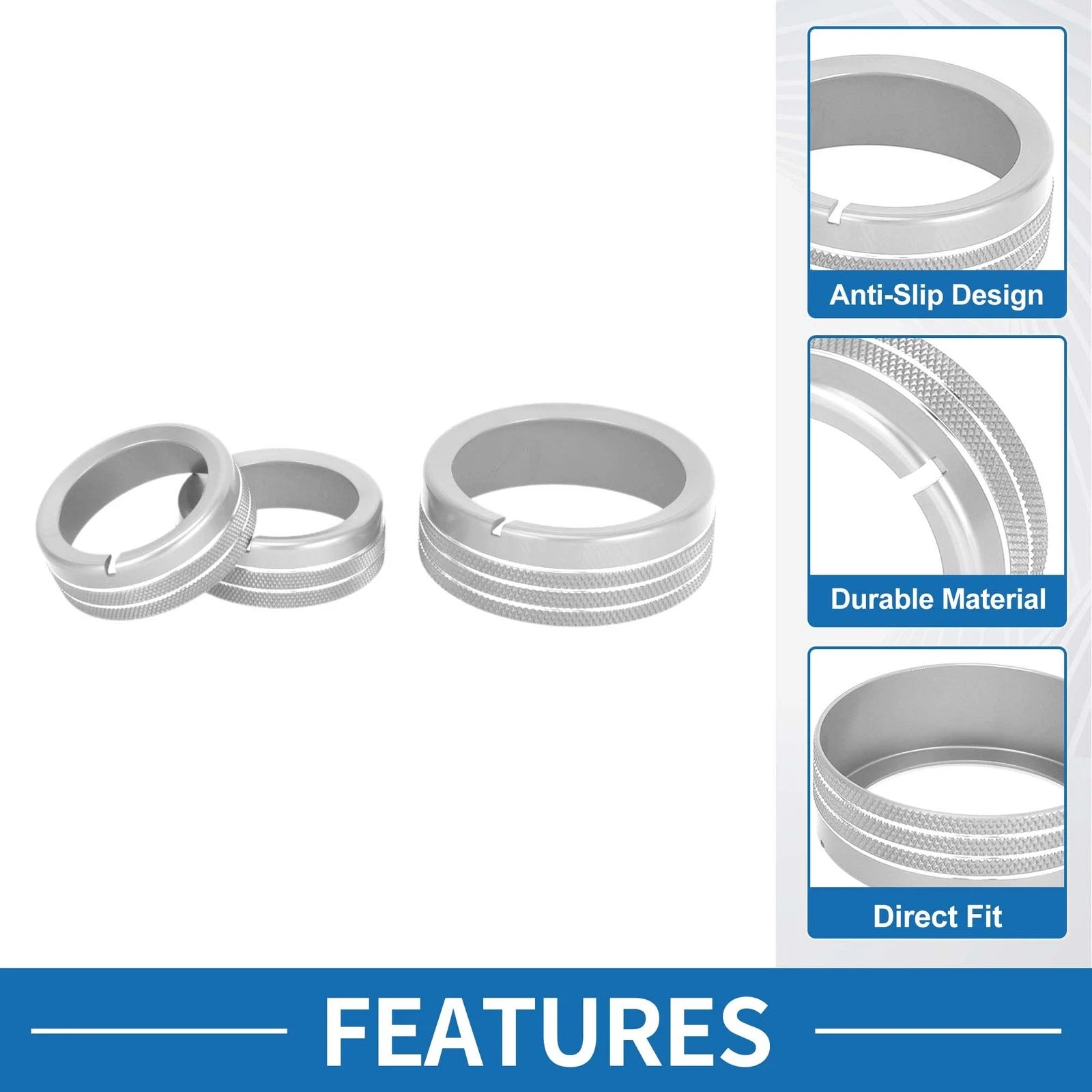 Set of 3 AC Climate Heater Switch Knob Cover Rings for Kia Soul (2009–2013) Silver Tone
