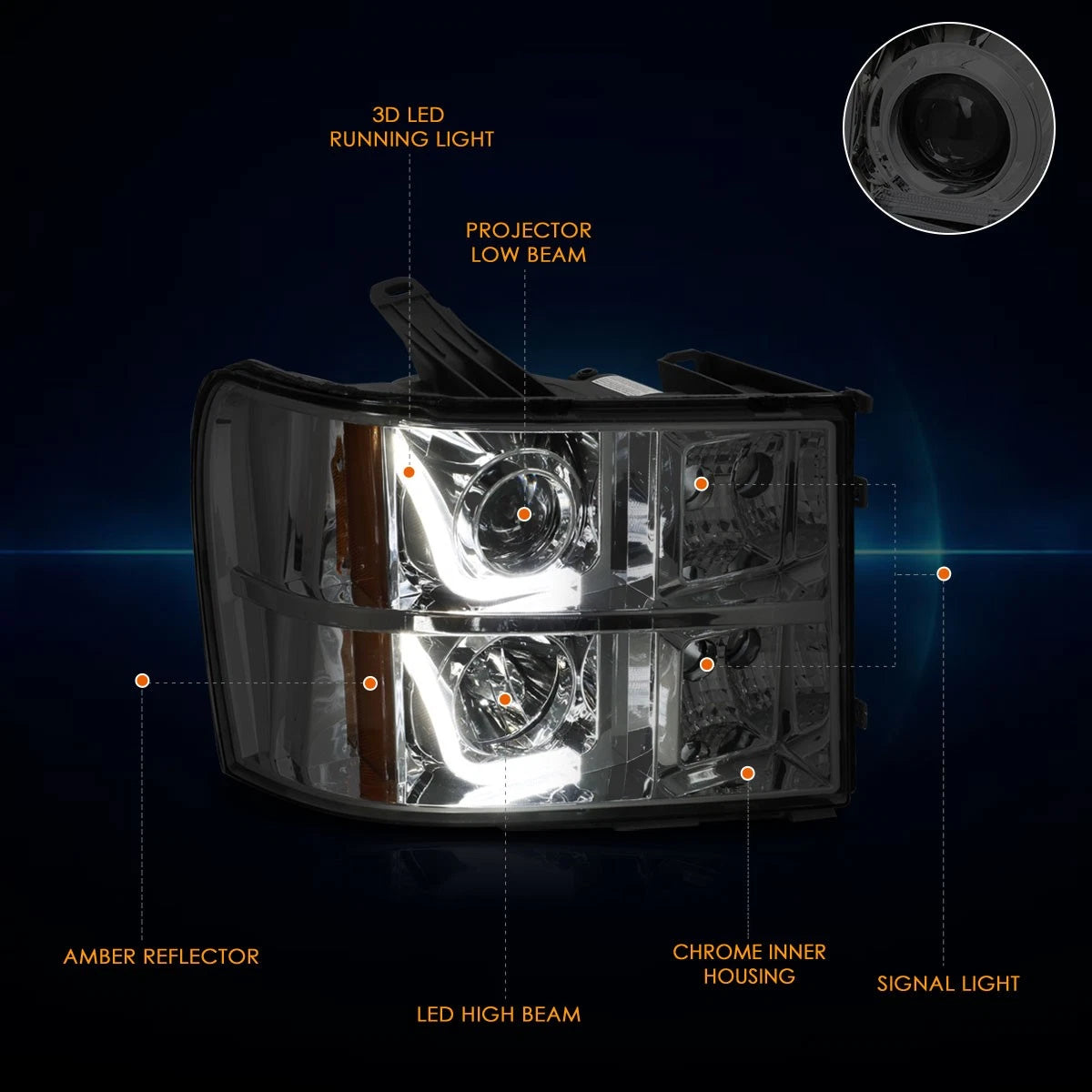 LED Halo DRL Projector Headlights for GMC Sierra 1500-3500 (2007–2014) Smoked/Amber