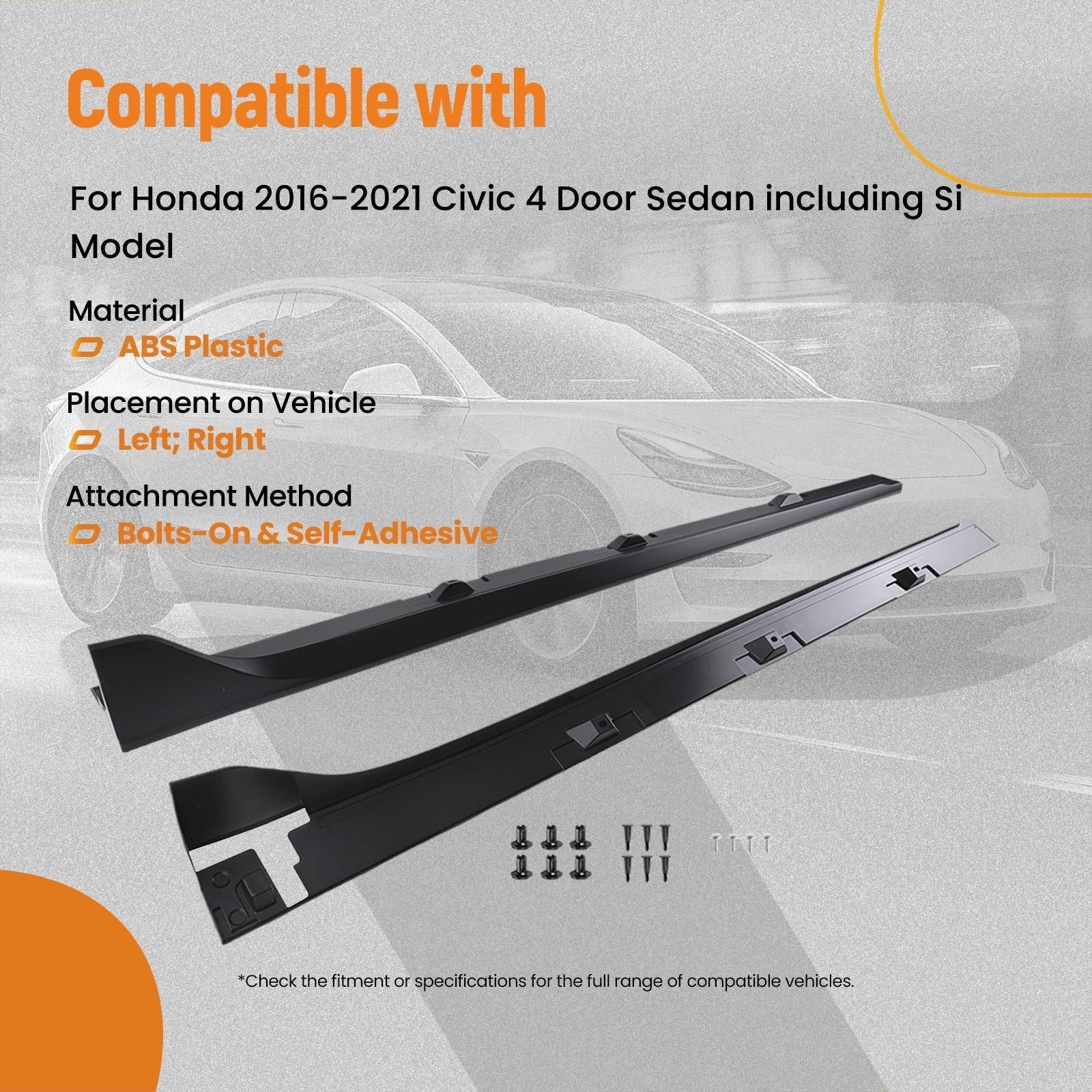 2pcs ABS Side Skirt Kit for Honda Civic Sedan 4DR Si (2016–2021) Matte Black
