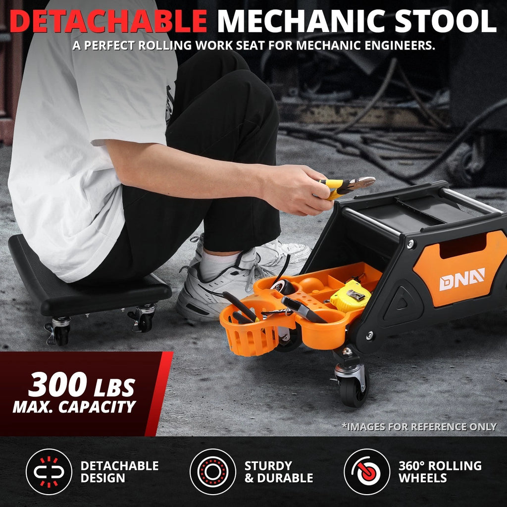 Rolling Mechanic Stool with Tool Tray for Automotive Work (25.5" x 13" x 12")