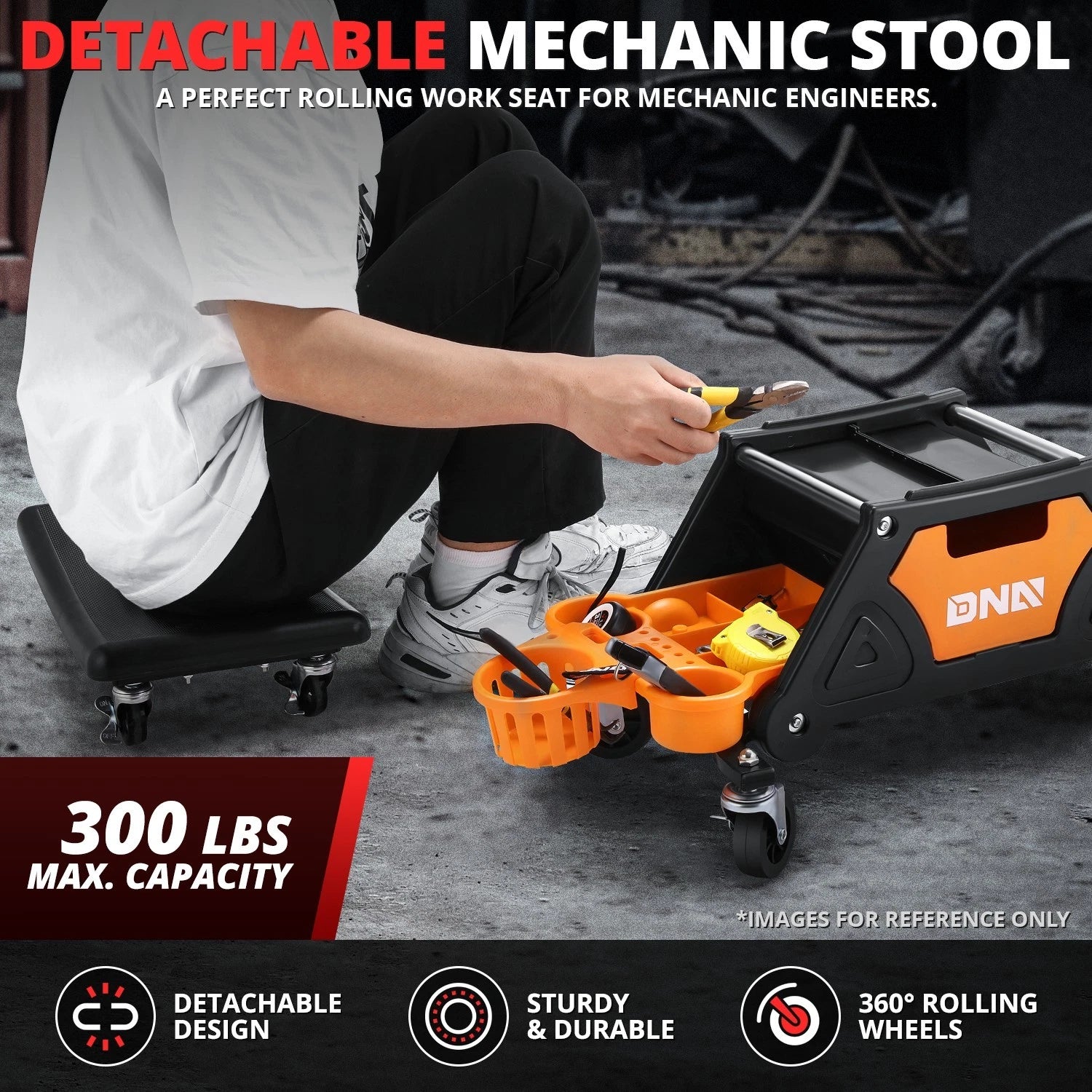 Rolling Mechanic Stool with Tool Tray for Automotive Work (25.5" x 13" x 12")