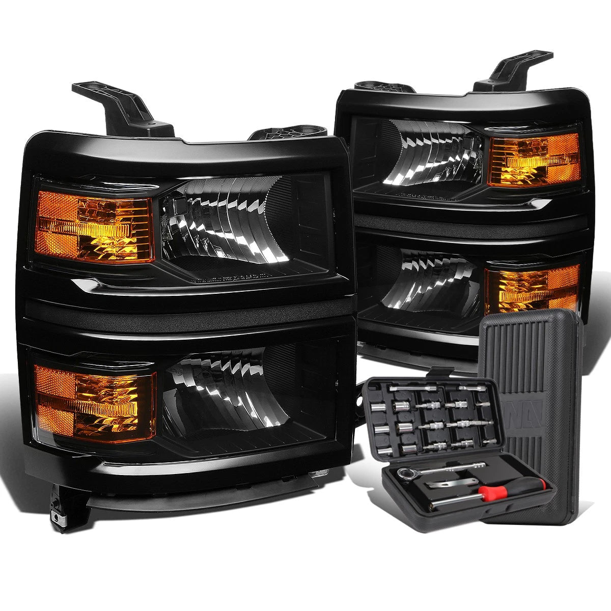 Pair of Black/Amber Signal Headlight Lamps for Chevy Silverado (2014–2015)