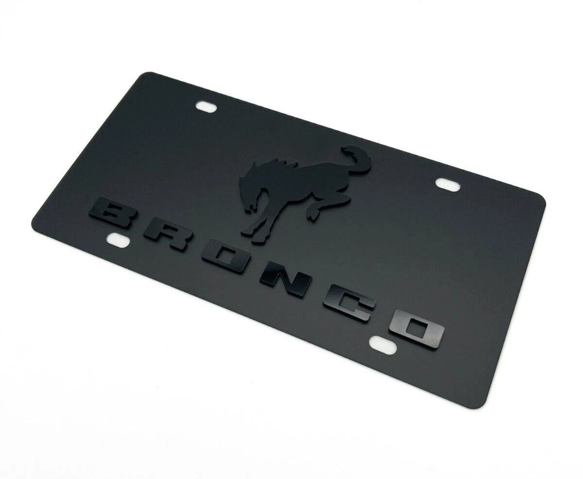 Metal License Plate Premium Black with 3D Bucking Ford Bronco Logo (1966–1975)