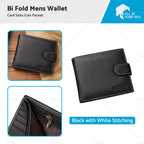 Mens Wallet Bi-Fold Black Cowhide Leather with Card Slots & Coin Pocket