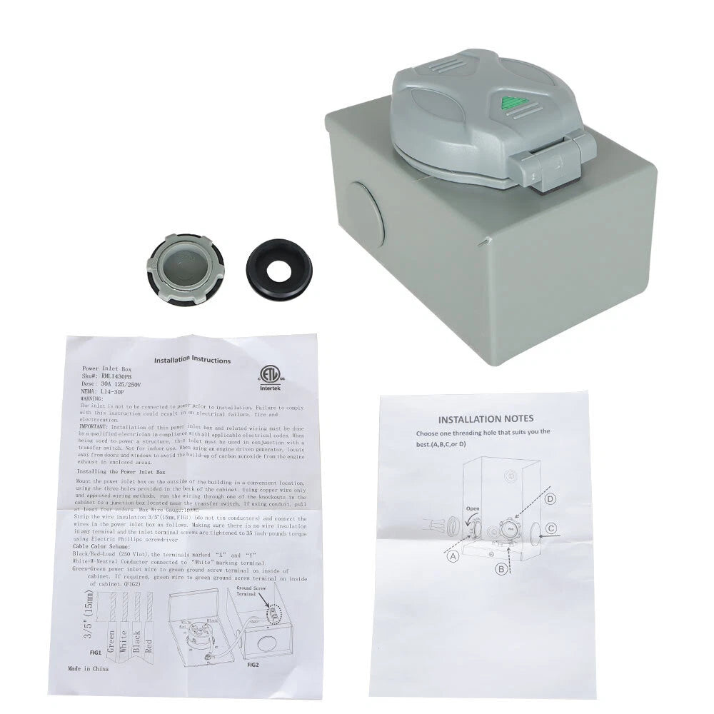30 AMP Generator Power Inlet Box for NEMA L14-30P (Weatherproof)