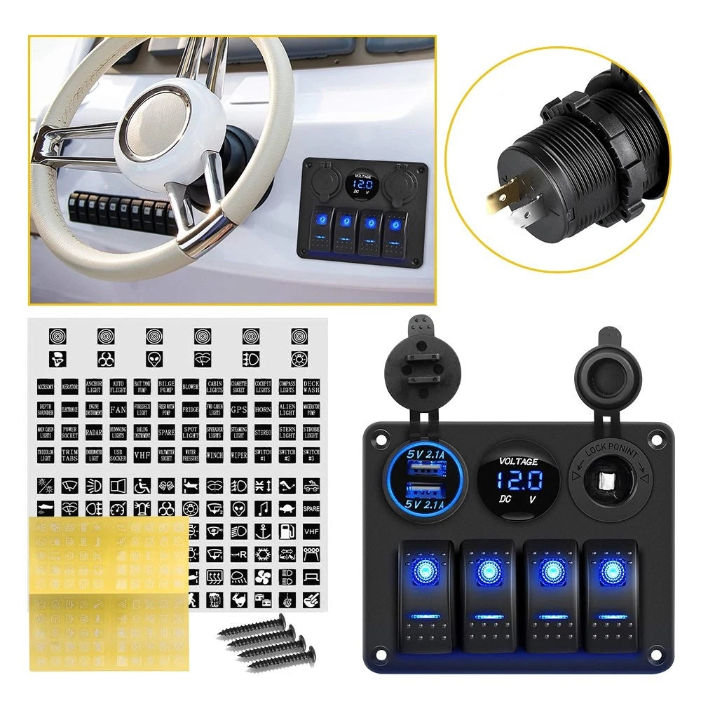 4 Gang Rocker Switch Panel with LED for RV Car Boat Marine