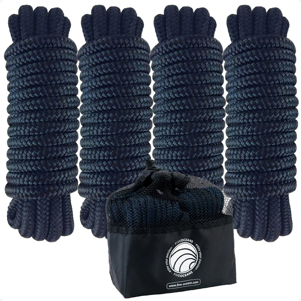 Set of 4 Dock Lines 1/2"x15' with 12" Eyelet - Navy Blue Nylon