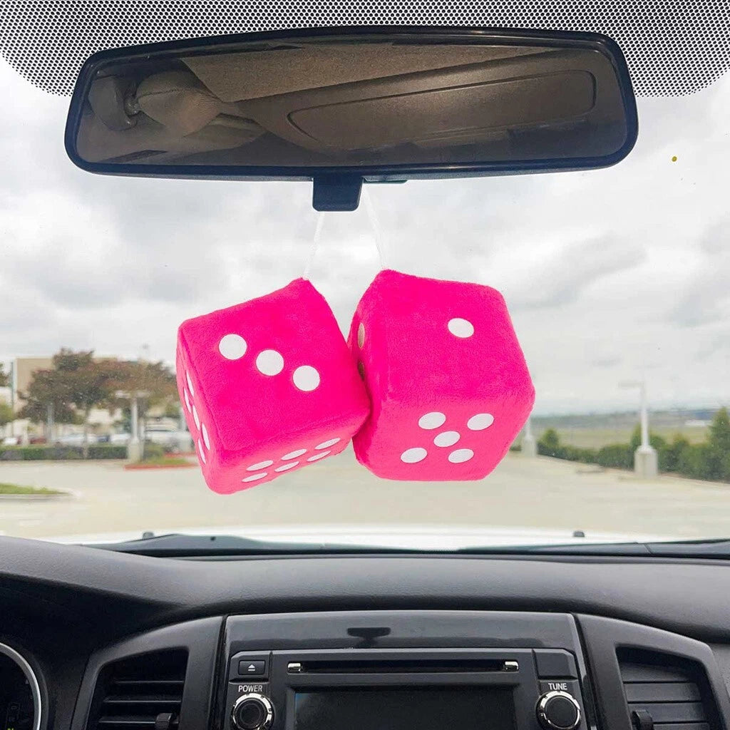 Fuzzy Rearview Mirror Dice for Car Truck Novelty Pink (Universal Fit)