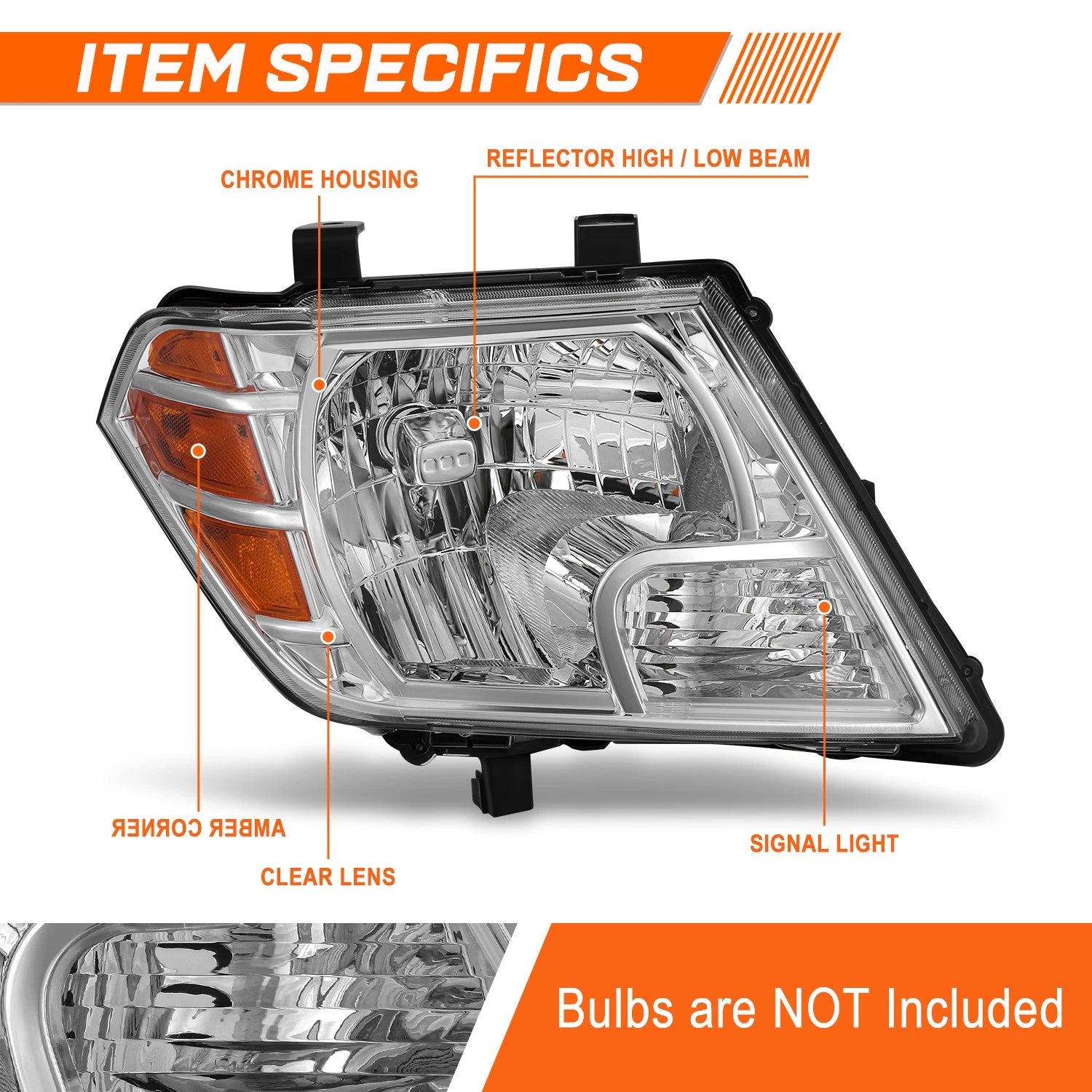 Right Side Chrome Amber Headlight for Nissan Frontier (2009–2021)