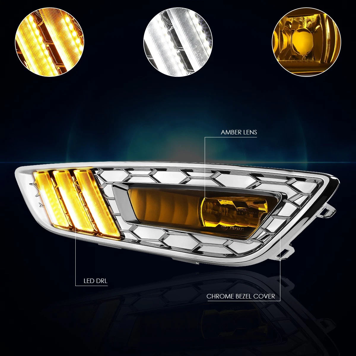 Set of 2 Amber Lens Fog Lights with Chrome LED DRL Bezel for Ford Focus (2015–2017)