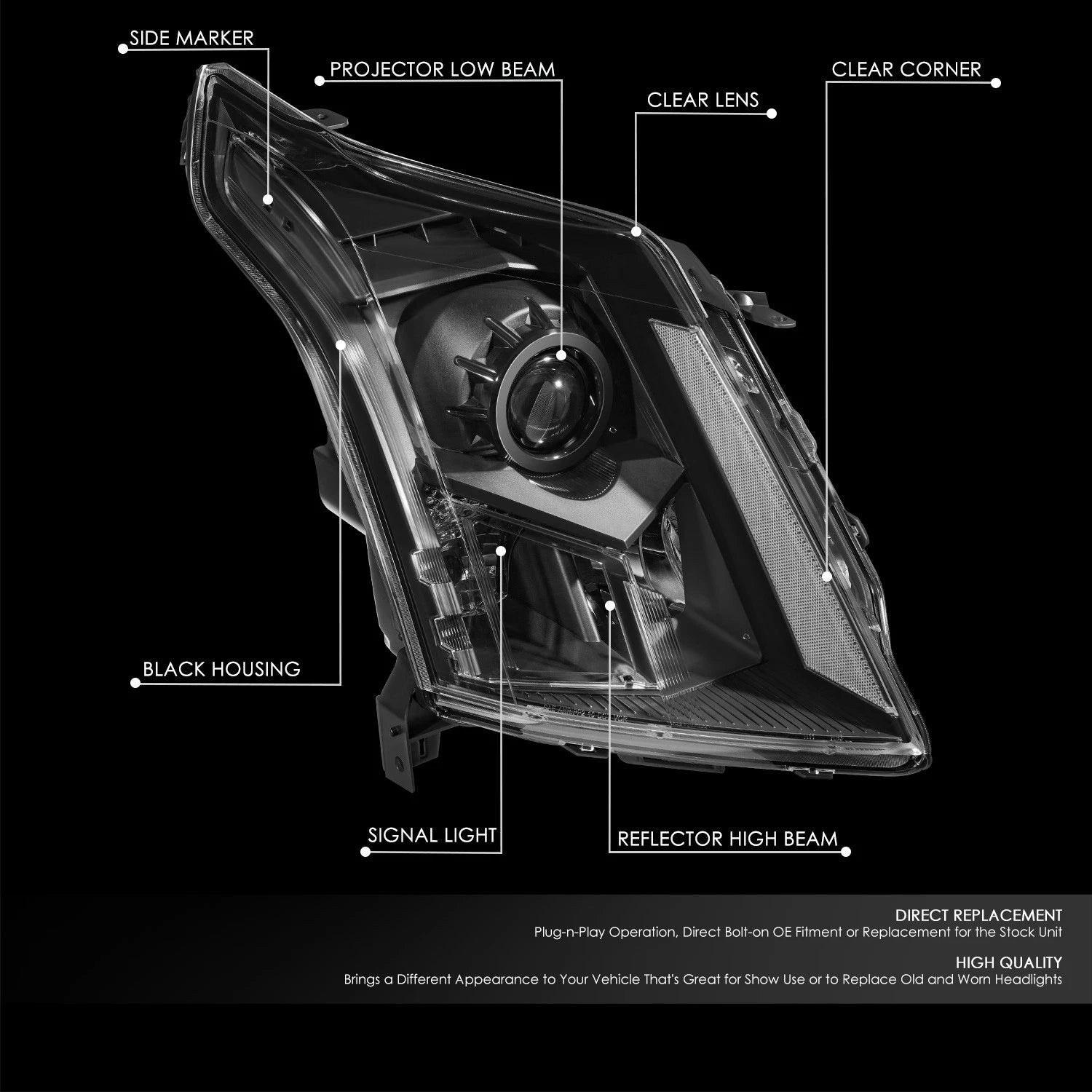 Projector Headlights for Cadillac SRX (2010–2016) - Black Housing, Clear Lens