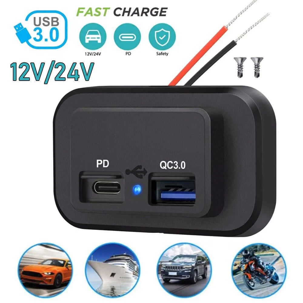 Dual USB Fast Charger Socket for Car Boat (12V-24V)