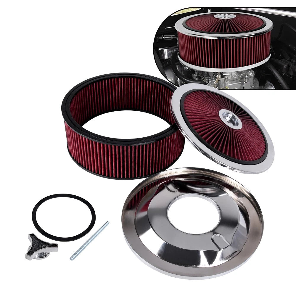 14" Red Round Deep Dish Air Cleaner Kit for Universal Vehicles