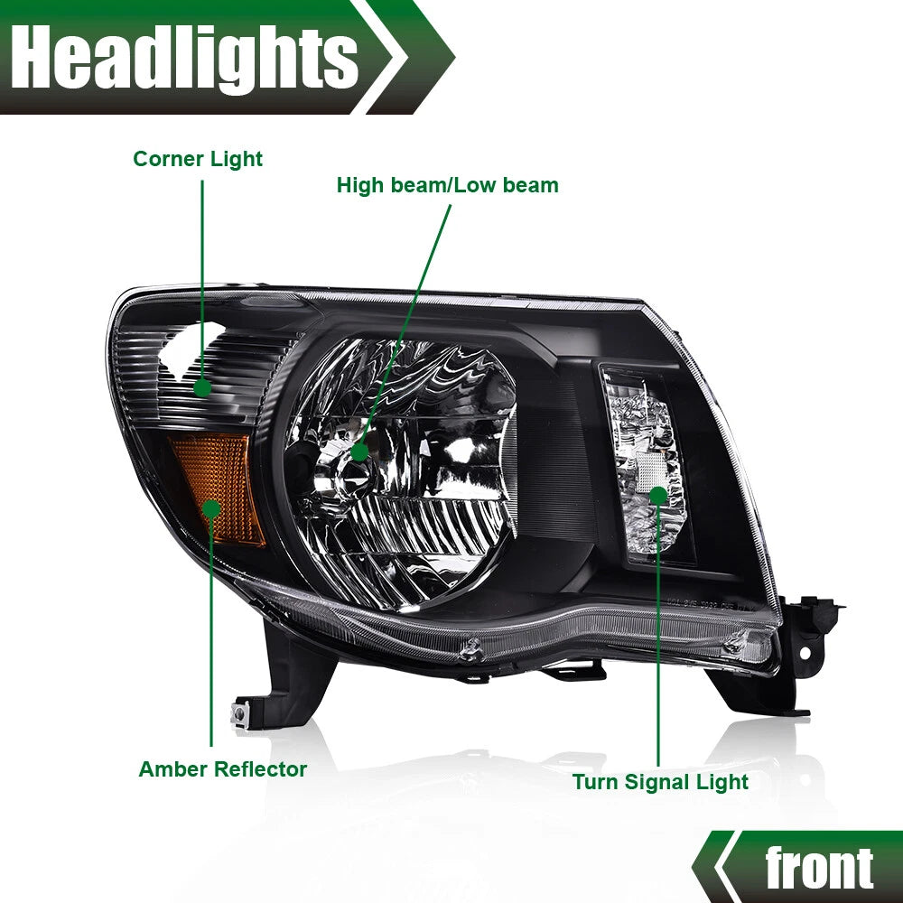 Set of 2 Black Amber Headlights & LED Tail Lights for Toyota Tacoma (2005–2011)