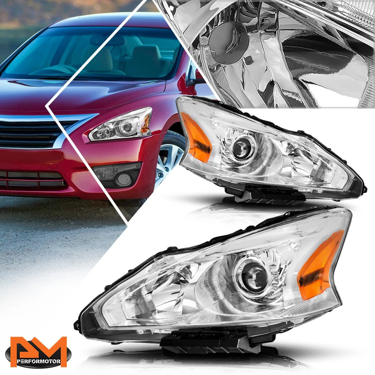 Projector Headlight Set for Nissan Altima Sedan (2013–2015) Amber Corner Chrome