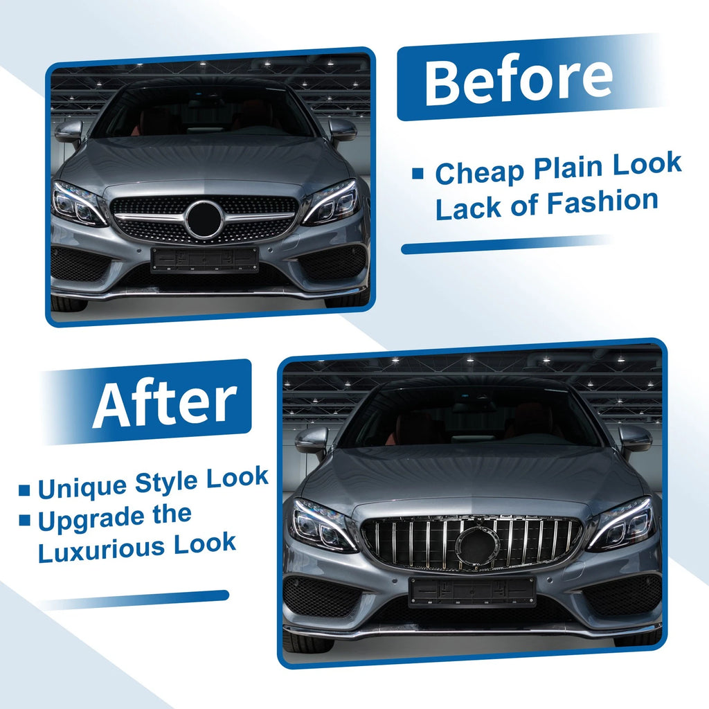 Front Upper Bumper Grille for Mercedes-Benz C180 (Chrome, Silver, Black)