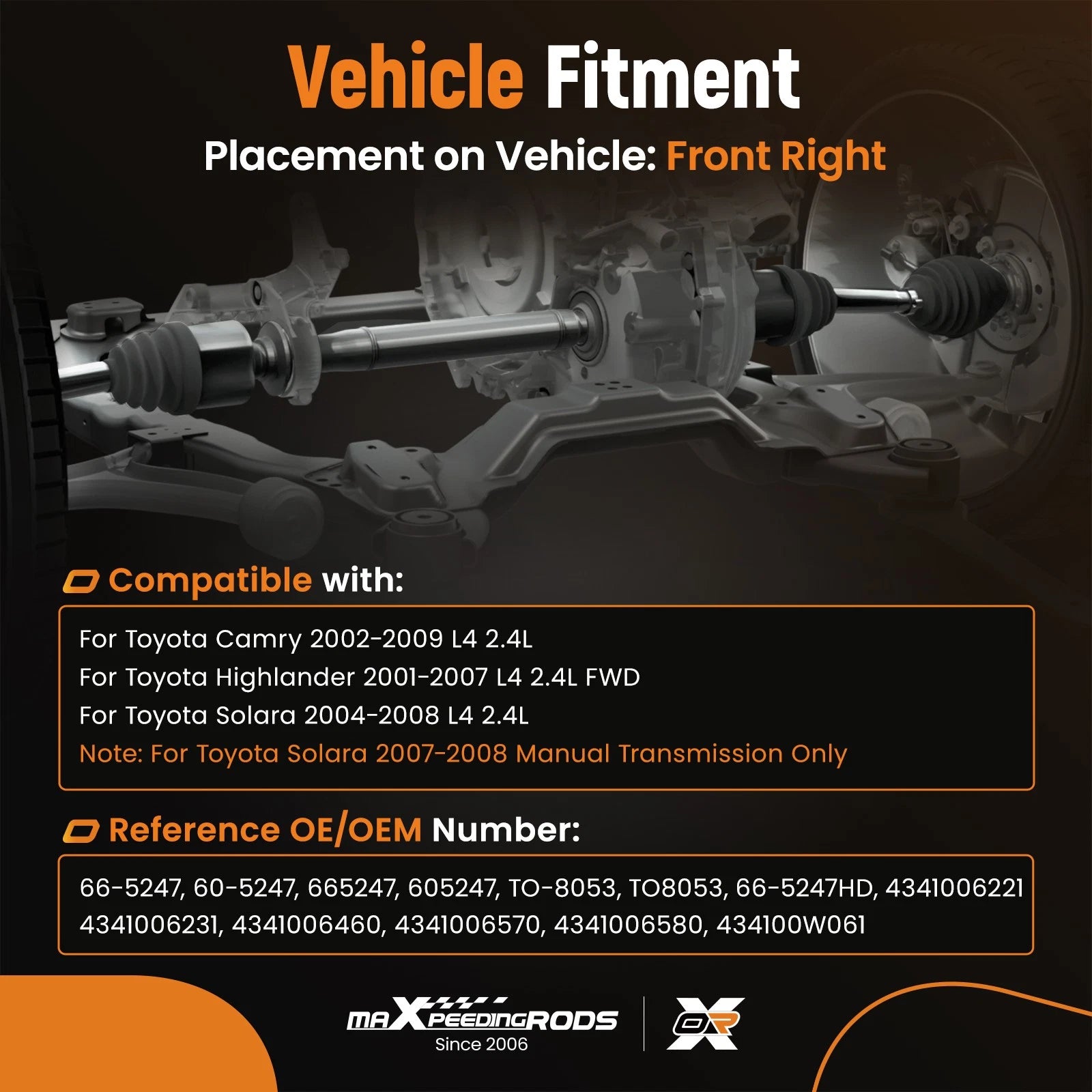 Front CV Axle Shaft Assembly RH Passenger Side for Toyota Camry Solara Highlander (2001–2007)