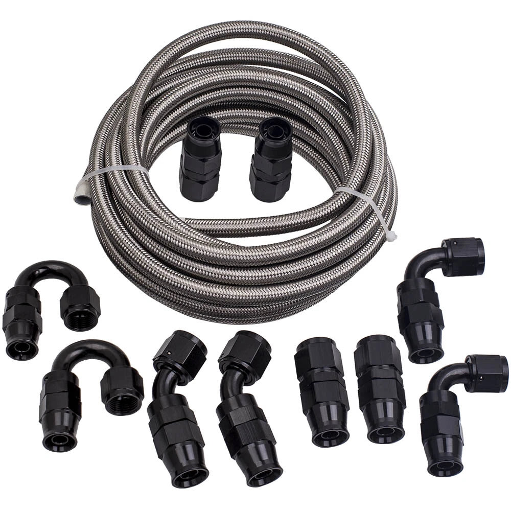 8 AN8 Black Nylon Braided PTFE Fuel Hose Line for Universal Applications (20ft)