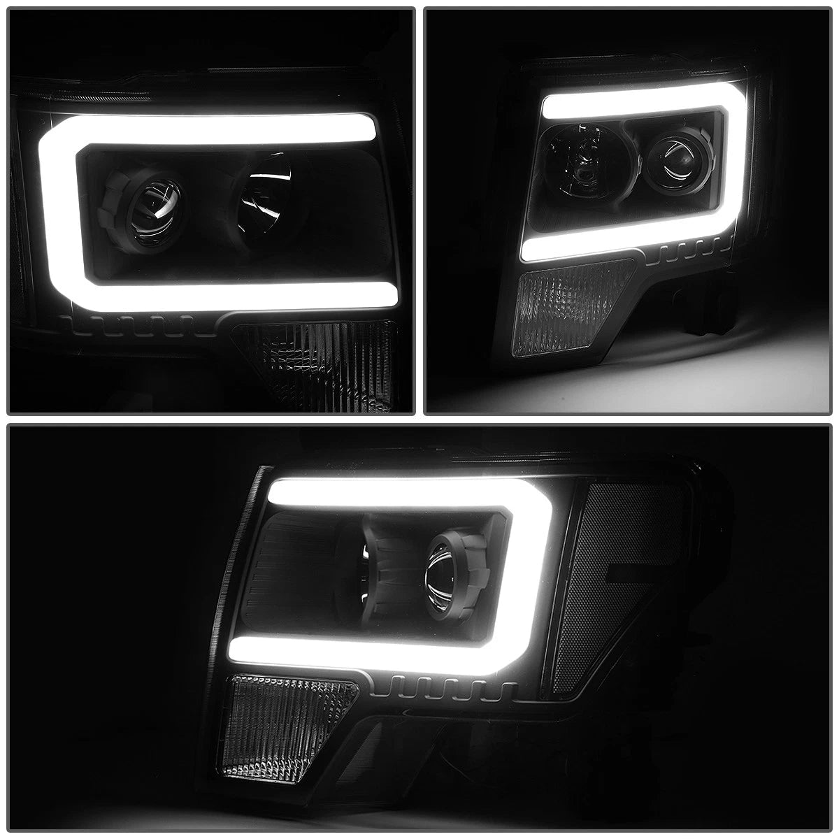 LED DRL Tube Projector Headlight Lamps for Ford F-150 (2009–2014) Left+Right