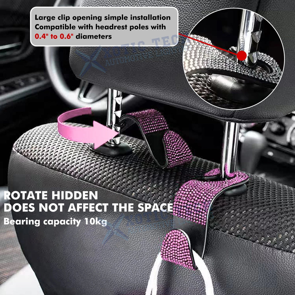 Bling Rhinestone Auto Back Seat Hanger Rear Headrest Hook for Universal Fit (2 Packs)