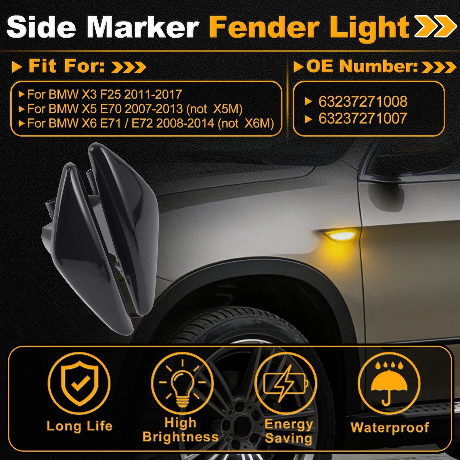 Set of 2 Side Marker Fender Lights 63237271008 for BMW X3 F25 (2011–2017) Smokey Lens