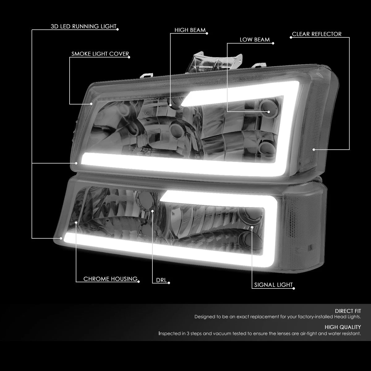 Chrome Smoked LED DRL Headlights + Mounting Brackets for Avalanche Silverado (2003–2007)