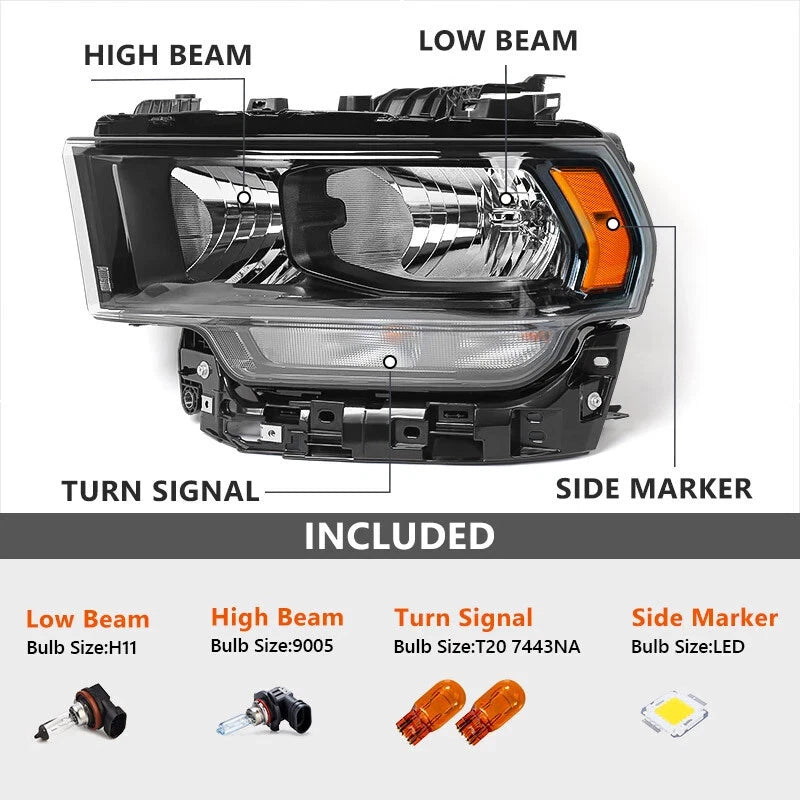 Halogen Headlight w/Black Bezel for Ram 2500 3500 (2019–2024)