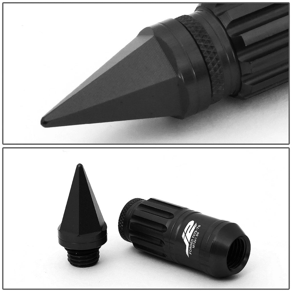 16 Pcs J2 7075 Forged Aluminum M12x1.5 Spiky Cap Lug Nut Set with Lock+Key Black