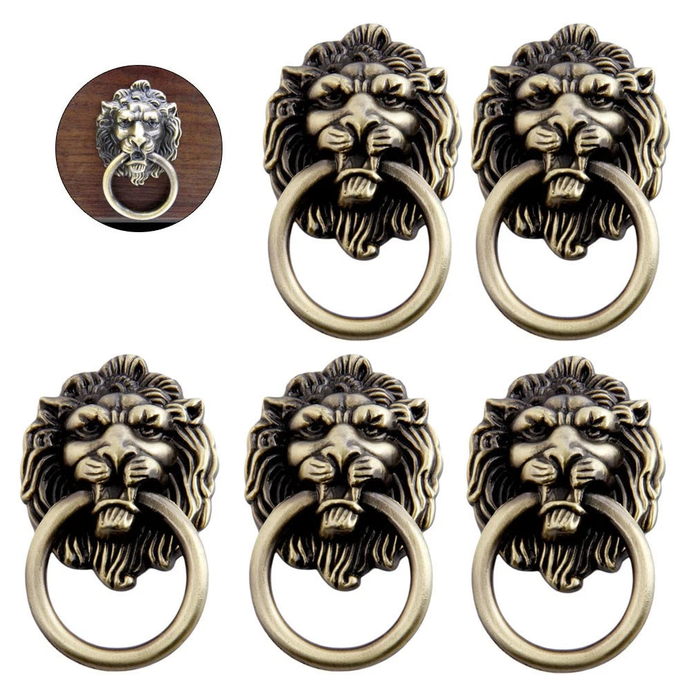 Set of 5 Antique Lion Head Pull Handles for Cabinet Drawer Furniture