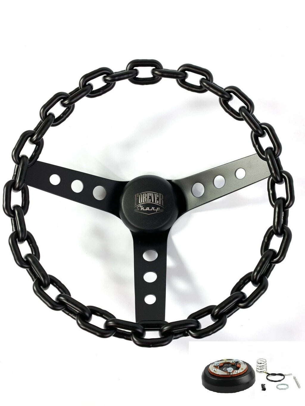 3 Hole Chain Steering Wheel with Horn Button and A01 Adapter for Black (Universal)
