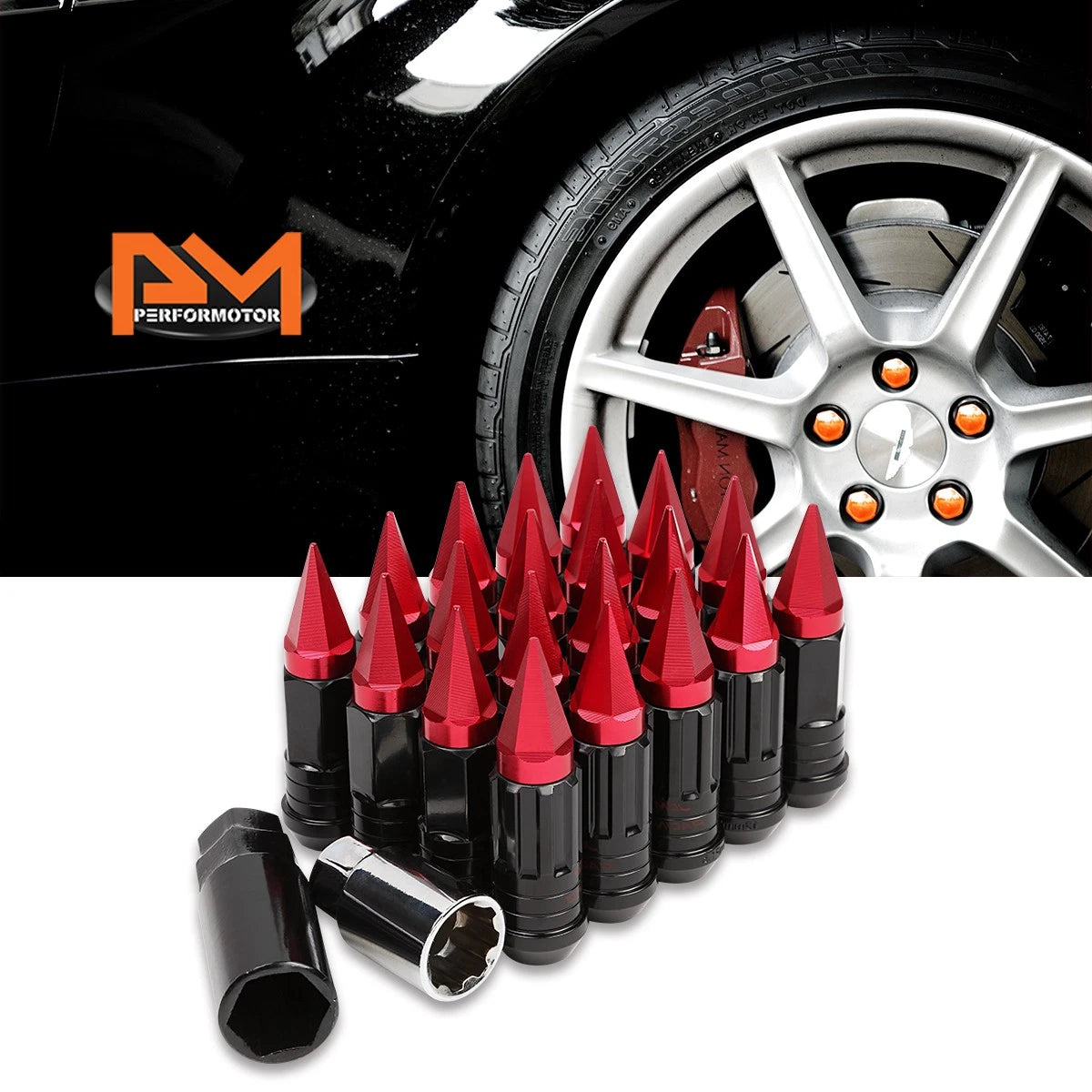 Set of 20 M12X1.5 Red JDM Cone Wheel Lug Nuts with Spline Locks and Caps
