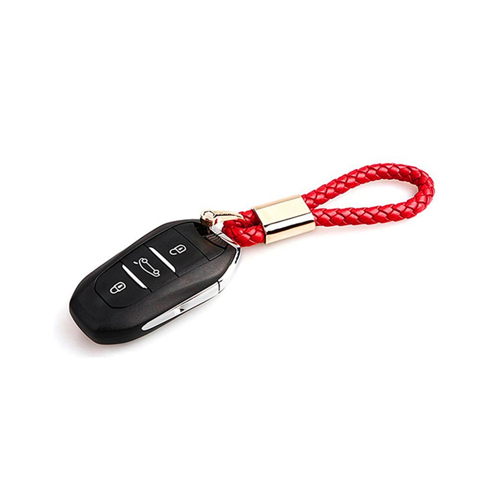 Sporty Red Braided Leather Keychain for Car Key (Metal Key Ring)