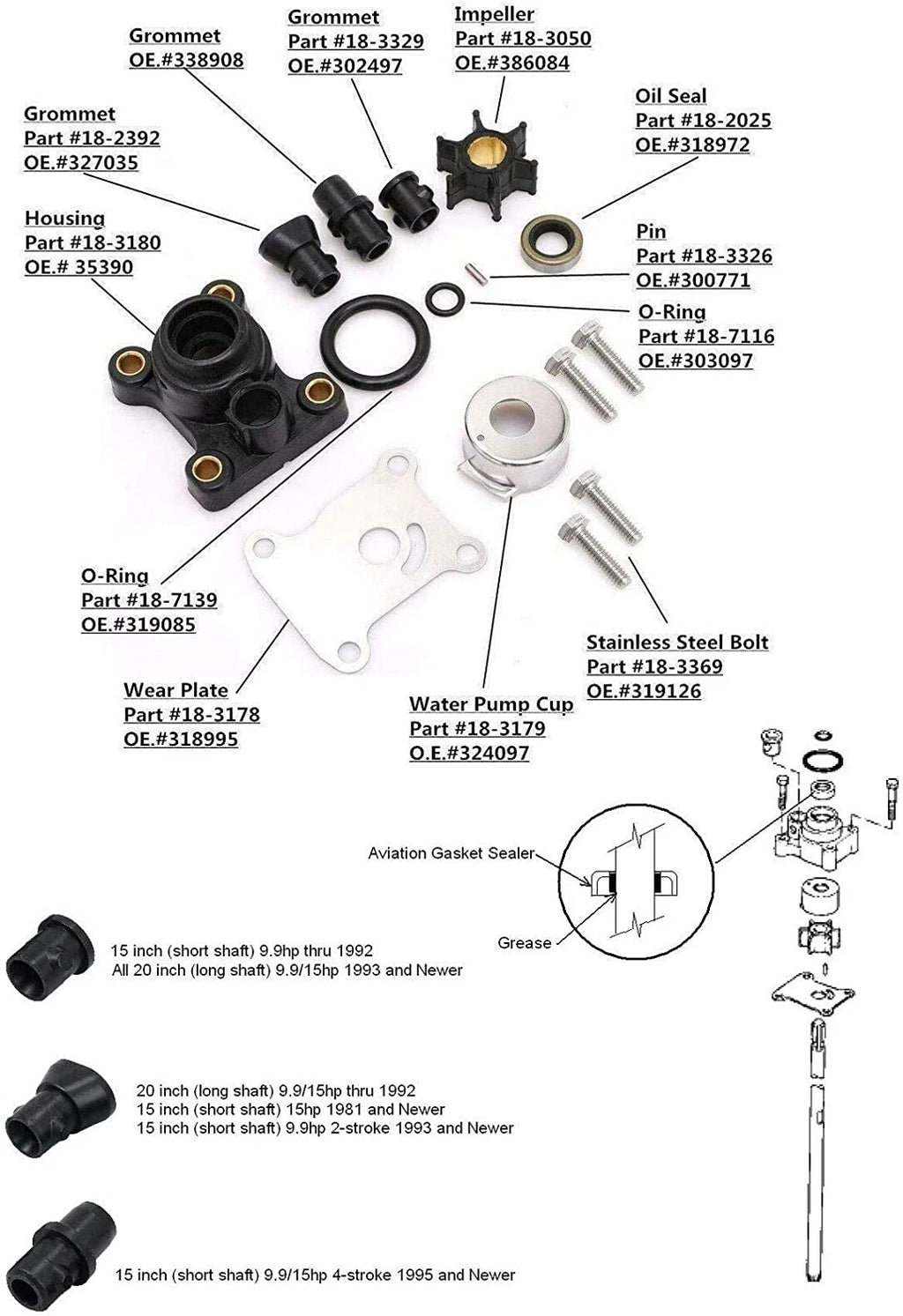 Water Pump Impeller Kit for Johnson Evinrude 9.9-15HP (1974–2007) Replaces 394711