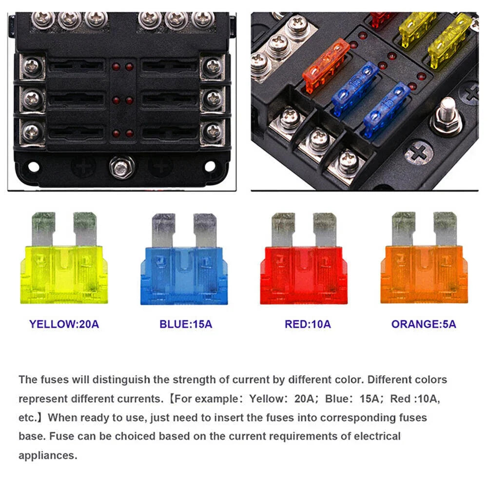 6-Way Blade Fuse Box Block Holder w/ LED Indicator for Marine Bus RVs Boats