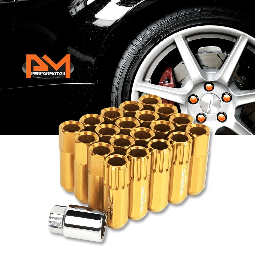 Set of 20 M12X1.25 Gold JDM Open End Aluminum Hex Lug Nuts + Spline Locks